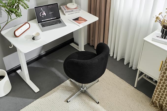VINGLI Cute Small Swivel Desk Chair Comfy no Wheels,Ergonomic Low-Back Lumbar Support Vanity Nail Tech Computer Task Stool Chair for Home Office,Height Adjustable,Teddy Fleece,Black