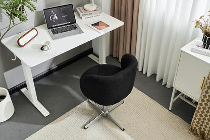 VINGLI Cute Small Swivel Desk Chair Comfy no Wheels,Ergonomic Low-Back Lumbar Support Vanity Nail Tech Computer Task Stool Chair for Home Office,Height Adjustable,Teddy Fleece,Black