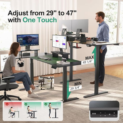 JWX L Shaped Standing Desk 63"x43", Dual Motor Height Adjustable Desk with Reversible Corner Setup, Curved Desktop, Upper Shelf, Cable Tray, Cup Holder, Headphone Hook, Matte Black