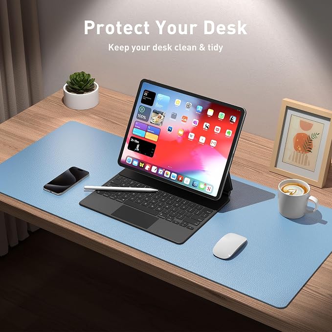 Aothia Faux Leather Desk Mat, Waterproof Desk Pad (Sky Blue, 36" x 17) | One large surface for your keyboard, laptop and mouse, reducing desktop clutter without a separate mouse pad