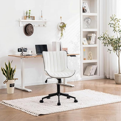 YOUNIKE White Armless Office Chair Faux Leather Small Cute Desk Chair with 12° Rocking Back Adjustable Height Swivel Vanity Chair Ergonomic Compact Home Computer Rolling Task Chair for Small Spaces