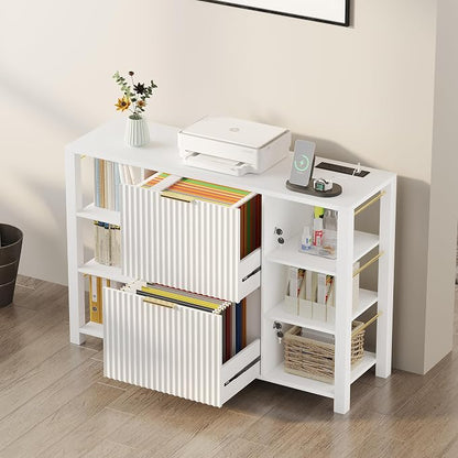 File Cabinet for Home Office, Fluted Filing Cabinet with 2 Drawers Fit Letter/Legal/A4 Folders with Tabs, Printer Stand with Lock & 2 Power Outlets, 6 Shelves (Set of 2, White)
