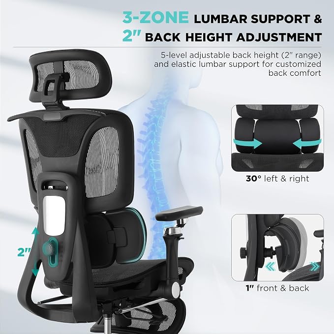 Ergonomic Office Chair with 3-Zone Dynamic Lumbar Support, Big and Tall Office Chair with Footrest, Adjustable Seat Depth,4D Headrest,6D Armrests, Swivel Executive Chair for Home Office,Black