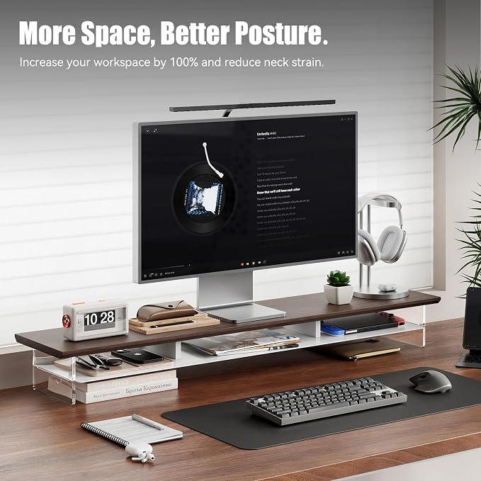FENSULN Dual‑Tier Monitor Stand for Modern Desk Setup – Minimalist Wooden and Metal Riser Shelf with Transparent Acrylic Feet for Dual Monitors, Laptops, Home Office Aesthetic，Brown and White