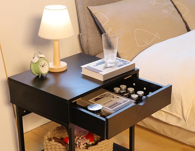 JJS Side End Table, Nightstand, Bedside Table with Drawer and Storage Shelves, Sofa Table for Living Room, Bedroom, Accent Furniture, Easy Assembly, Black