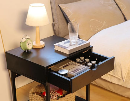 JJS Side End Table, Nightstand, Bedside Table with Drawer and Storage Shelves, Sofa Table for Living Room, Bedroom, Accent Furniture, Easy Assembly, Black
