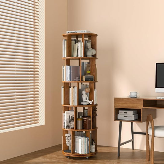 5-Tier Solid Wood Rotating Bookshelf on Wheels, 360° Spinning Book Shelf Tower, Round Revolving Bookcase Organizer, Rolling Bookshelves for Small Spaces, Corner, Bedroom, Kids Room, Office, Walnut