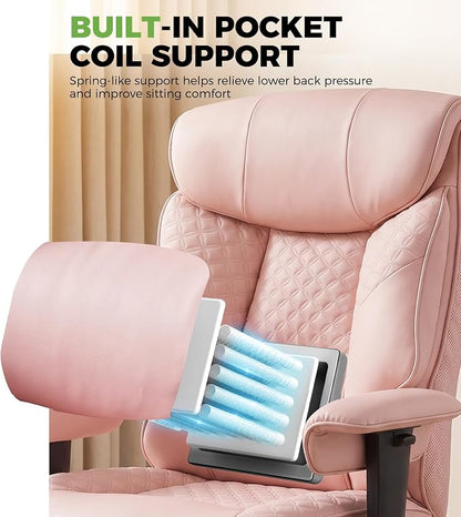 GTPLAYER Big and Tall Office Chair, High Back Computer Gaming Chair with Ergonomic Lumbar Support &Pocket Spring Cushion for Lower Back Pain Relief, Leather Executive Chair with Foot Rest, Pink