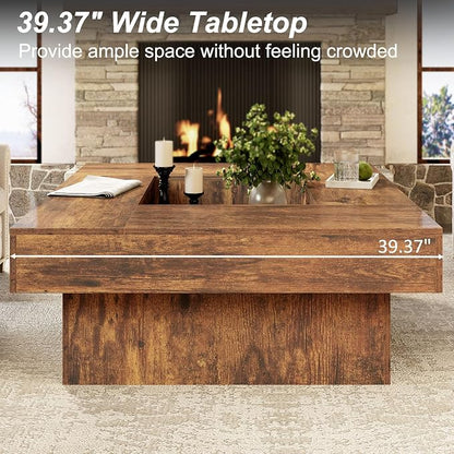 LVB Rustic Coffee Table, Large Wood Living Room Table with Storage, Modern Low Wide Square Led Center Table, Farmhouse Unique Tea Table with LED Light for bedroom Home Office, 39.37 Inch, Rustic Brown