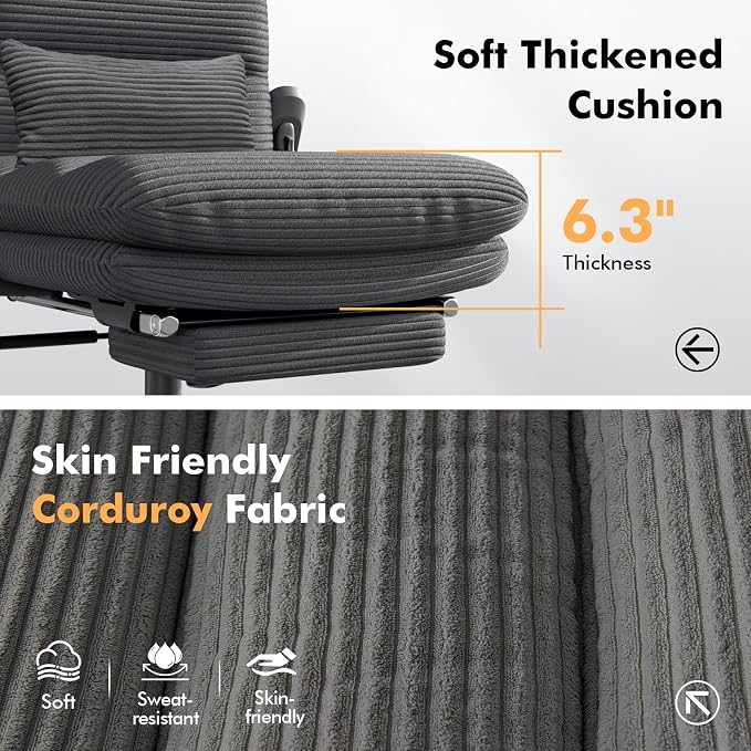GXJ Criss Cross Legged Office Chair with Flip-up Arms, Footrest, G800 Plus | 6.3" Cushion Relieves Tailbone Pain, Head-Lumbar Support Eases Fatigue, Smooth Rolling Wheels, Corduroy Desk Seating, Black