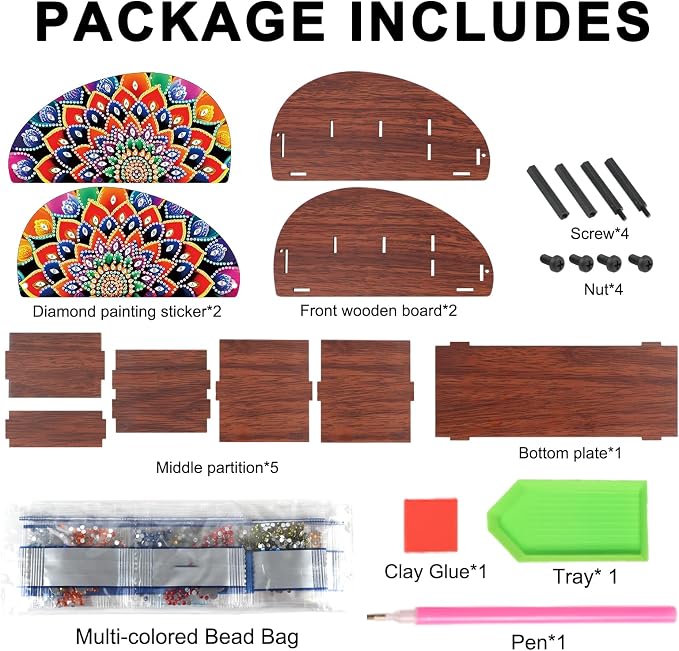 DIY Diamond Painting Storage Box Mandala Design 5D Rhinestone Diamond Art Case Multi-Compartment Wooden Desktop Organizer for TV AC Remotes Makeup Brushes Pens Holder Tabletop Craft Storage