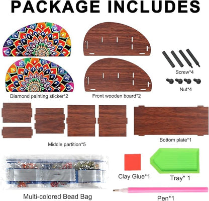 DIY Diamond Painting Storage Box Mandala Design 5D Rhinestone Diamond Art Case Multi-Compartment Wooden Desktop Organizer for TV AC Remotes Makeup Brushes Pens Holder Tabletop Craft Storage