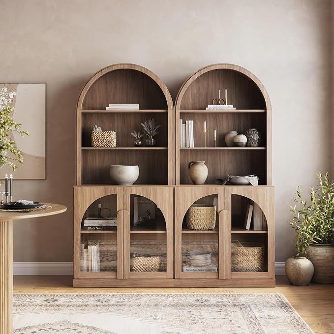 BELLEZE Set of 2 71" Tall Storage Cabinet with Glass Door, Sideboard Buffet Cabinet with Adjustable Shelves for Pantry Organizing, 5-Tier Modern Storage Unit for Living Room Home Office, Camel