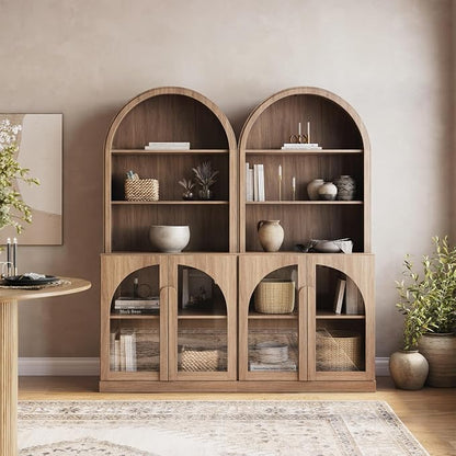 BELLEZE Set of 2 71" Tall Storage Cabinet with Glass Door, Sideboard Buffet Cabinet with Adjustable Shelves for Pantry Organizing, 5-Tier Modern Storage Unit for Living Room Home Office, Camel