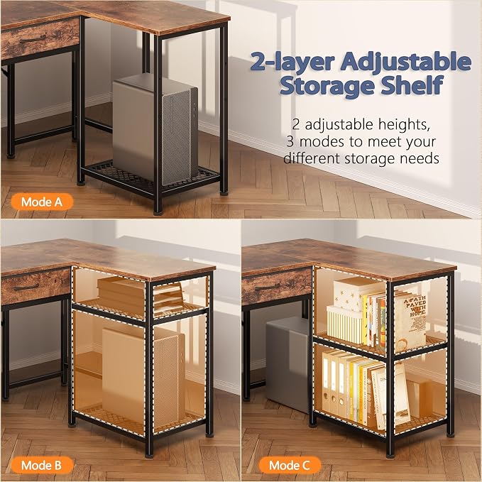 Korfile 65 Inch L Shaped Computer Desk with Power Outlets, Reversible Home Office Desk with 4 Fabric Drawers & 2 Adjustable Mesh Shelves, Corner Study Work Desk with Larger Storage, Rustic Brown