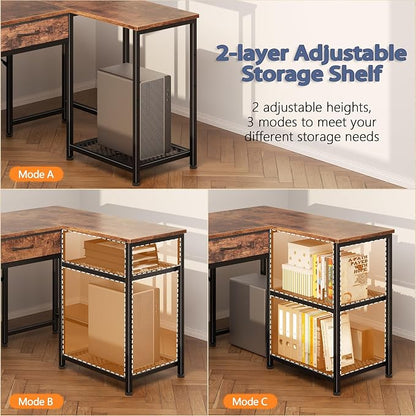 Korfile 65 Inch L Shaped Computer Desk with Power Outlets, Reversible Home Office Desk with 4 Fabric Drawers & 2 Adjustable Mesh Shelves, Corner Study Work Desk with Larger Storage, Rustic Brown