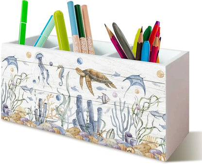 Sea Turtle Coastal Pen Holder for Home Office Desk, Beach Office Decor, Beach Turtle Makeup Brush Toothbrush Holder Organizer for Bathroom Desk Accessories, Beach Gifts for Women Men