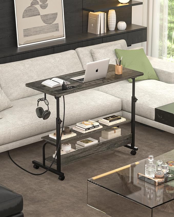Armocity Rolling Standing Desk with Charging Station, Portable Height Adjustable Mobile Computer Desk with Wheels & 2-Tier Shelves & Hooks, Easy Assembly Laptop Table for Couch Bed, 32" Grey Oak