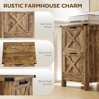 HOMCOM 2 Drawer Vertical File Cabinet with Silent Slides, Rustic Farmhouse Filing Cabinet with Barn Doors for A4/Letter Size, Printer Stand with Storage for Home Office, Rustic Brown