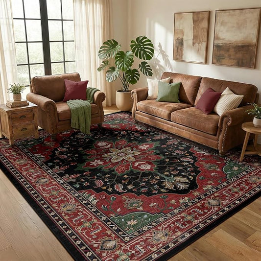 RELEANY Area Rugs 5'x7' Washable Non-Slip, Floral Vintage Distress Medallion Carpet for Living Room Bedroom Dining Room, Red Black