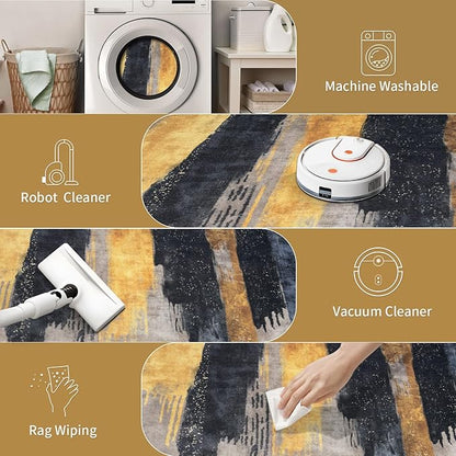 Ciicool Modern Abstract Area Rug 2x3 Washable Small Entryway Rugs,Black Gold Non-Slip Low Pile Throw Entry Rug, Foldable Kitchen Bathroom Rugs Floor Carpet for Entrance Bedroom Indoor Doormat