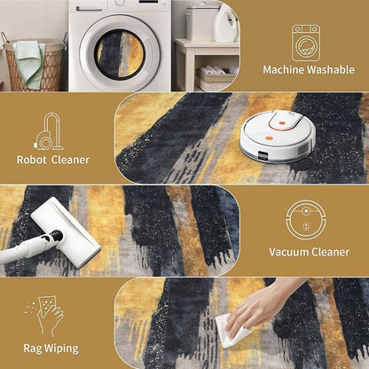 Ciicool Modern Abstract Rug for Living Room, 5'x7' Machine Washable Area Rug Non-Slip Rug, Low-Pile Contemporary Indoor Dining Floor Carpet for Bedroom Office Under Table Home Decor Black Gold