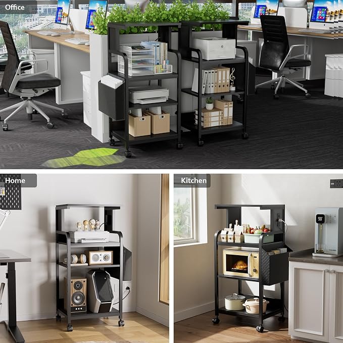 Tall Printer Stand with Storage Adjustable Shelf and Bag, 4-Tier Large Printer Table with Charging Station for Home Office, Printers Cart with Wheels for 3D Shredder Scanner Fax (Black)
