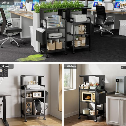 Tall Printer Stand with Storage Adjustable Shelf and Bag, 4-Tier Large Printer Table with Charging Station for Home Office, Printers Cart with Wheels for 3D Shredder Scanner Fax (Black)