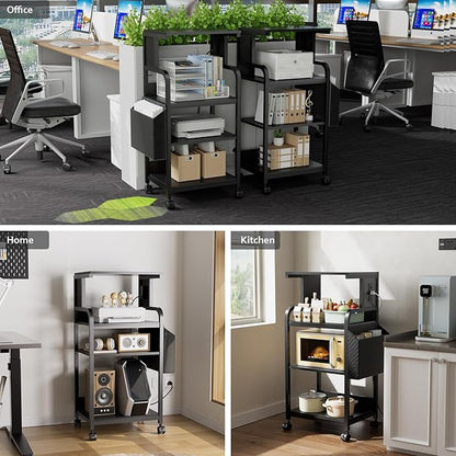 Tall Printer Stand with Storage, 4-Tier Mobile Printer Cart with Adjustable Shelf & Side Bag, Heavy Duty Printer Table with Built-In Charging Station for Home Office, Fits Scanner, Fax Machine, Grey