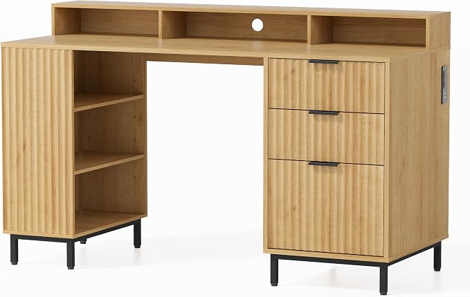 EYYTHUNG Fluted Executive Desk with Charging Station, 55" Modern Wood Office Desk with Monitor Stand & File Drawer, Home Writing Study Computer Table for Work Study, Natural Oak