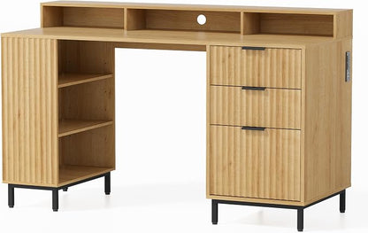EYYTHUNG Fluted Executive Desk with Charging Station, 55" Modern Wood Office Desk with Monitor Stand & File Drawer, Home Writing Study Computer Table for Work Study, Natural Oak