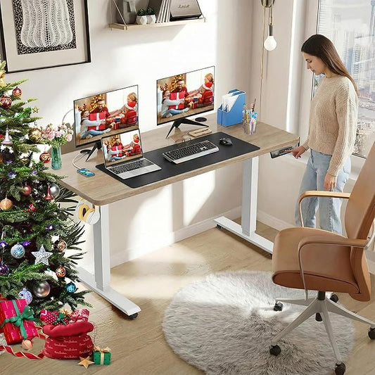 farexon Electric Standing Desk Adjustable Height, 55 x 24 Inch Stand up Desk with Large Mouse Pad, Rolling Wheels & Foot Pad,27''-46'' Lifting Range Home Office Computer Desk(Oak Gray)