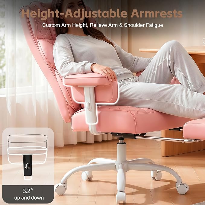 Vonesse Big and Tall Office Chair, Desk Chair with Soft Adjustable Armrests, Ergonomic High Back Gaming Chair with Lumbar Support, Executive Computer Chairs with Footrest (PU Leather, Pink)