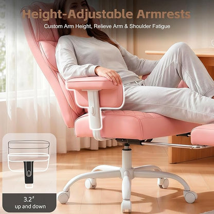 Vonesse Big and Tall Office Chair, Desk Chair with Soft Adjustable Armrests, Ergonomic High Back Gaming Chair with Lumbar Support, Executive Computer Chairs with Footrest (PU Leather, Pink)