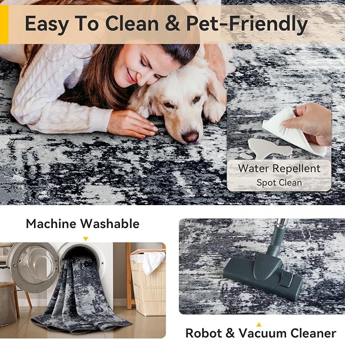RELEANY Washable Area Rugs 4'x6' Non-Slip Modern Abstract Soft for Living Room Entryway Bedroom Kitchen, Print Pattern, Black Navy Blue Gray