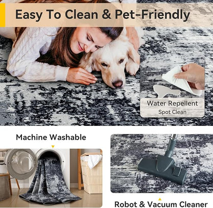 RELEANY Washable Area Rugs 8'x10' Non-Slip Modern Abstract Soft for Living Room Entryway Bedroom Kitchen, Print Pattern, Black Navy Blue Gray