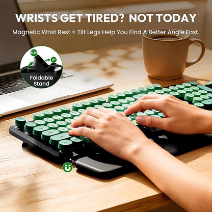 Wireless Keyboard and Mouse Combo - Cute Typewriter Keyboard with Detachable Wrist Rest, Retro Round Keycaps, Foldable Legs, 2.4GHz Keyboards for PC Laptop, Mac, Windows - Trueque (Black and Green)