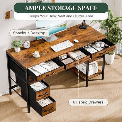 55" Computer Desk with 6 Drawers, Home Office Gaming Desks with Storage Shelves for Bedroom, Writing Study Corner Living Room Work Table Brown