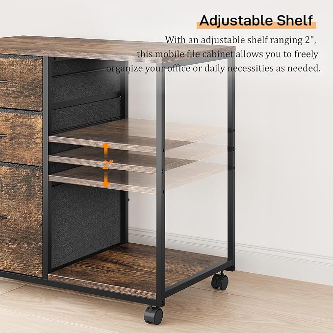 VINGLI 3 Drawer File Cabinet with Wheels Under Desk Printer Stand, Rolling File Cabinet with Shelves Adjustable, Mobile Lateral Filing Cabinet for Home Office, Fits Letter Size, Rustic Brown