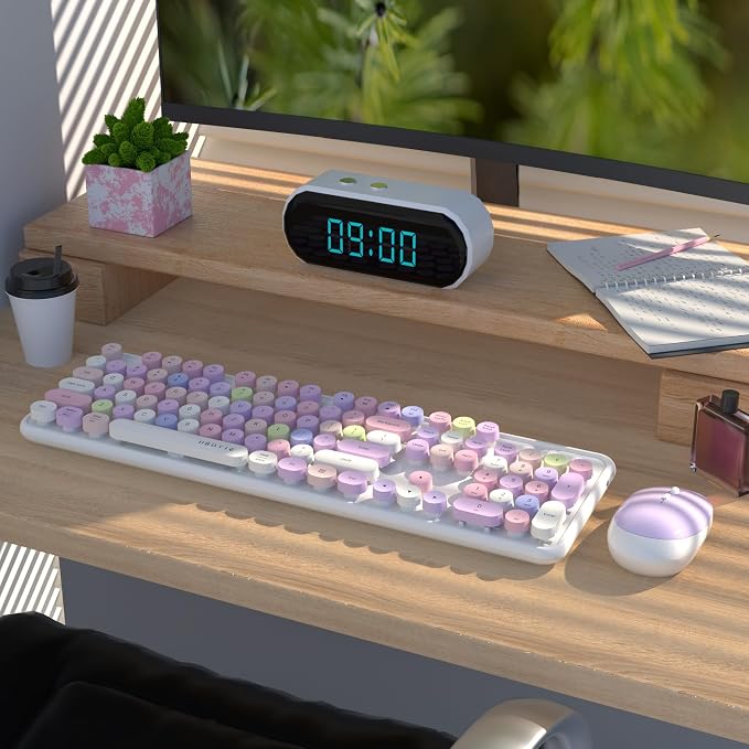 UBOTIE Colorful Wireless Keyboard and Mouse Combos, Retro Typewriter Floating Flexible Full-Sized Keys Computer Keyboard with Optical Mouse, 2.4GHz USB-A Connection for Windows Mac (White-Colorful)