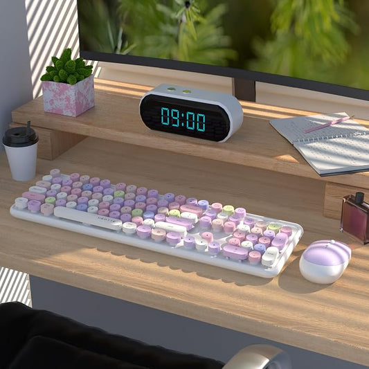 UBOTIE Colorful Wireless Keyboard and Mouse Combos, Retro Typewriter Floating Flexible Full-Sized Keys Computer Keyboard with Optical Mouse, 2.4GHz USB-A Connection for Windows Mac (White-Colorful)