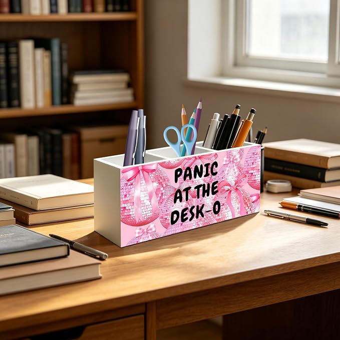 Funny Office Humor Pen Pencil Holder Organizer, Pink Office Desks Decor Accessories, Panic at the Desk-o Funky Y2K Pink Disco Ball Wood Signs for Cubicle Workplace Desk Tabletop Decor