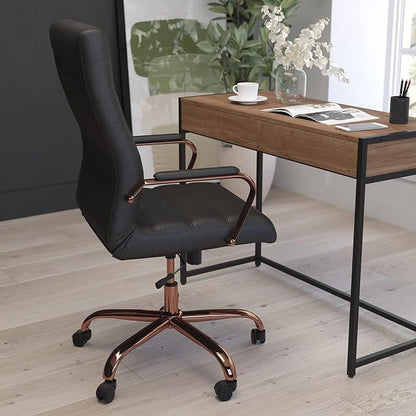 Merrick Lane Milano Contemporary High-Back Black Faux Leather Home Office Chair with Padded Rose Gold Arms