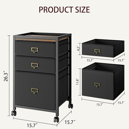 Garvee File Cabinet with 3 Drawers, Mobile Filing Cabinet Fits Letter Size or A4, Fabric Vertical File on Wheels, Home Office Small Under Desk Filing Storage Cabinets, Black