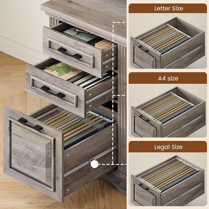 Itaar Farmhouse 68.9" L Shaped Desk with Hutch, Executive Home Office Desk with File Drawer and Power Outlet, Computer Corner Desk with Storage Cabinet, Workstation for Office Home,Grey