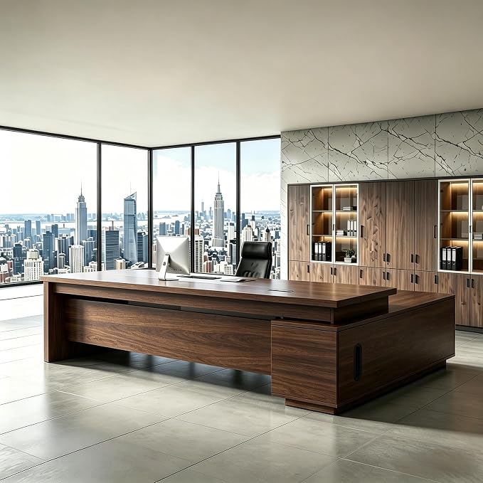 L Shaped Executive Desk with Drawers, Modern Large Wood Home Office Desk, Computer Desk with Storage for Boss Office Workstation