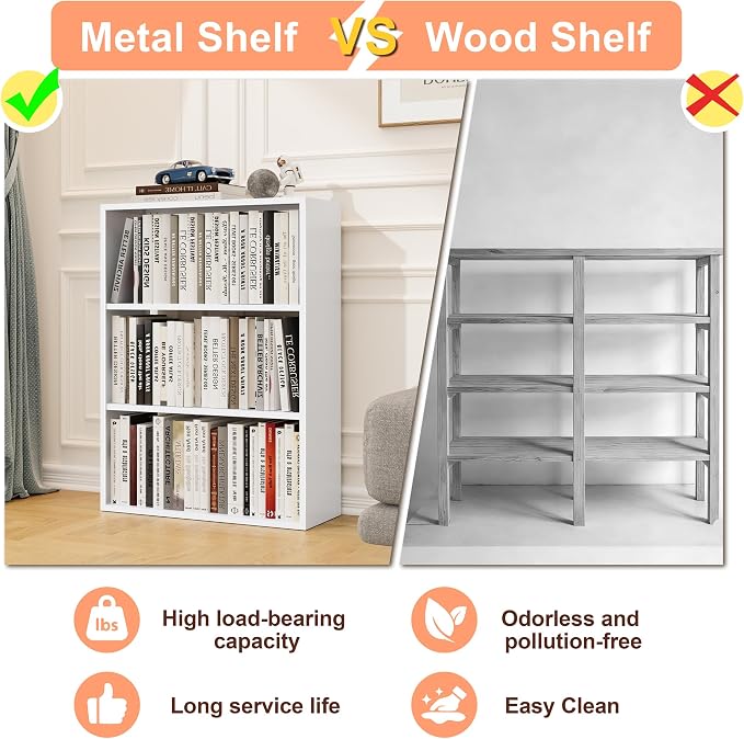 OSEILLC 4-Tier Steel Standing Book Shelf, Multipurpose Open Storage Rack for Entryway, Living Room, Bedroom, Garage，Metal Bookshelf (White, 32.7" Hx23.6 Wx11 D)