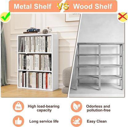 OSEILLC 4-Tier Steel Standing Book Shelf, Multipurpose Open Storage Rack for Entryway, Living Room, Bedroom, Garage，Metal Bookshelf (White, 32.7" Hx23.6 Wx11 D)