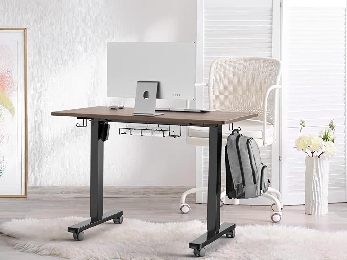 SHW 40-Inch Mobile Electric Height Adjustable Sit to Stand Desk with Drawer, Hanging Hooks and Cable Management, Walnut