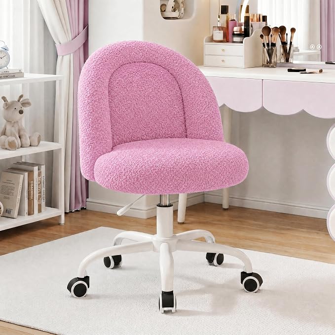 DurayLoly Vanity Chair Armless Cute Desk Chair with Wheels Soft Teddy Fleece Swivel Task Chair Adjustable Height & Silent Casters Ideal for Vanity Table, Bedroom & Dorm Lilac Purple
